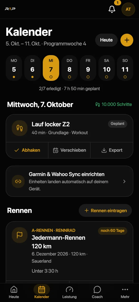 Ready to Peak App: Trainingskalender mit Sweet-Spot-Workout
