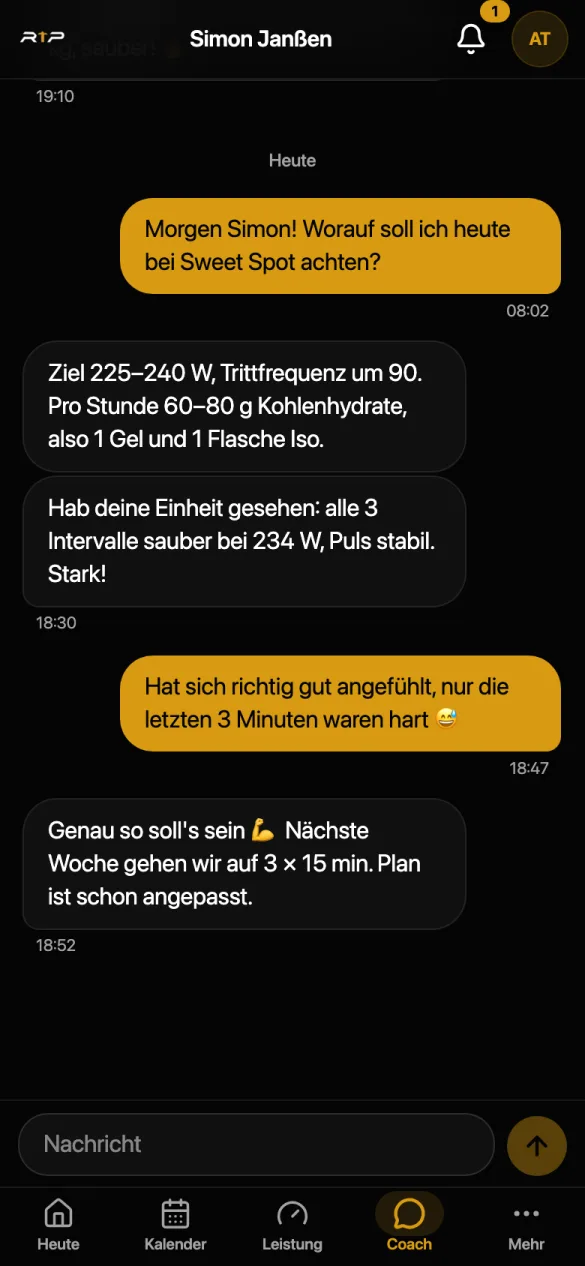 Ready to Peak App: Chat mit dem Coach